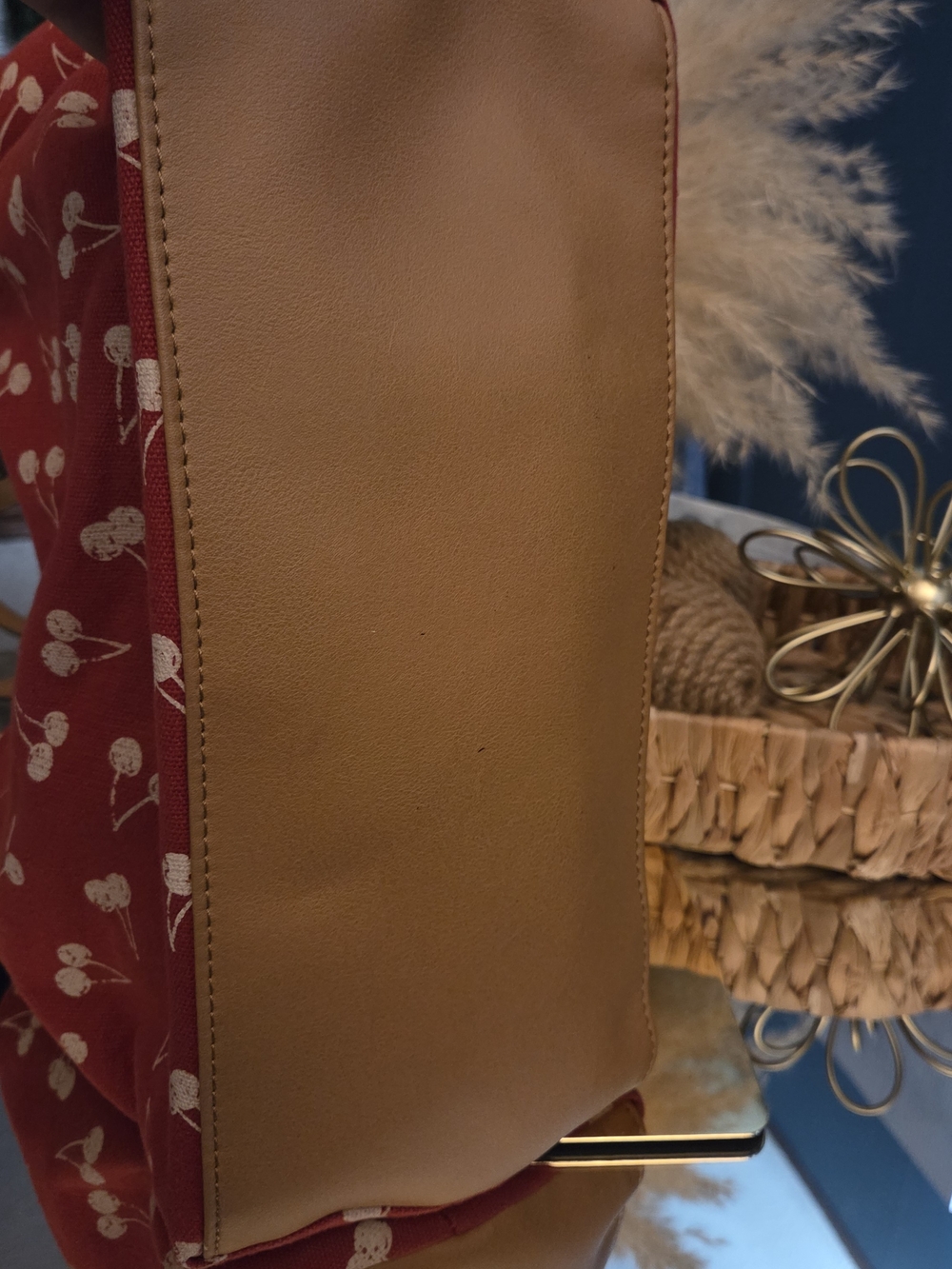 Sonoma Cherry Print Canvas Tote Bag Red Cream Large Everyday Shoulder Tote - Picture 8 of 15